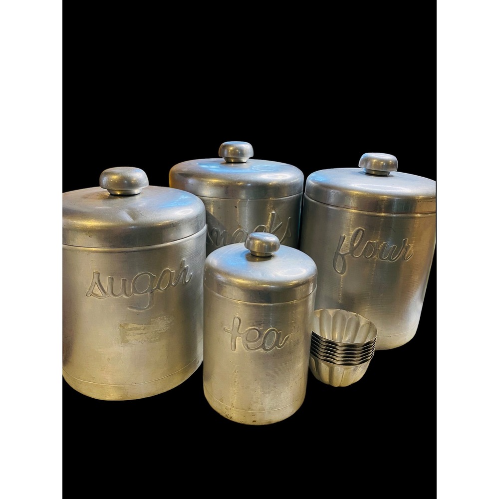 Vintage Brushed Aluminum Canister Set 4pc Flour Sugar Snacks Tea & Tart Molds